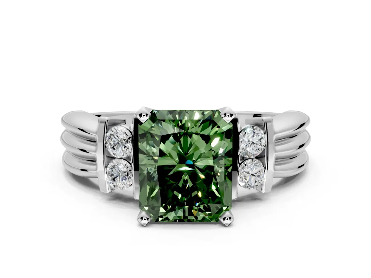 Solitaire Engagement Ring Setting for Fancy Green Radiant Cut Center with Grooved Bar Accent Band and Prong Head in Platinum
