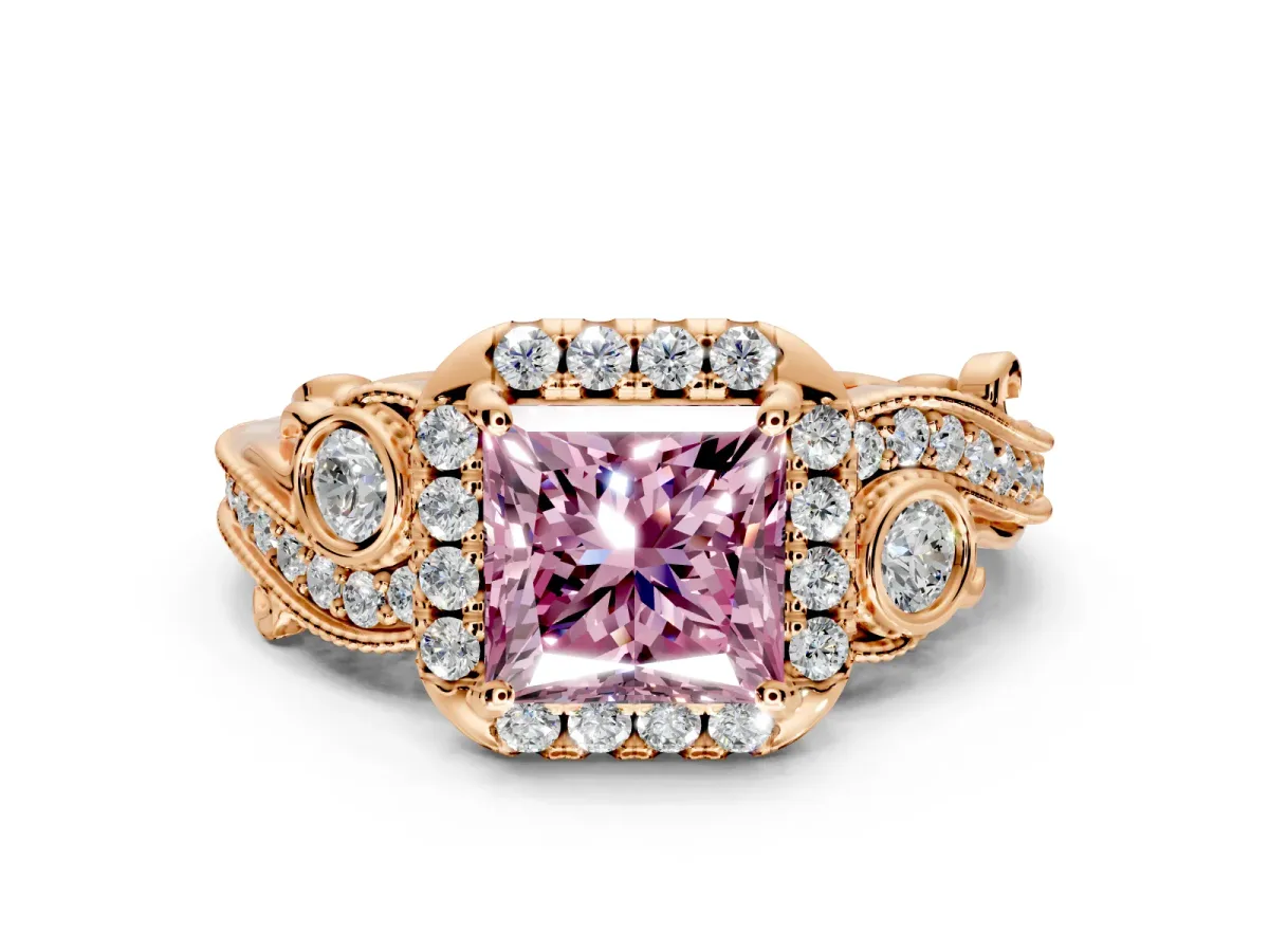 Milgrain Halo Engagement Ring Setting for Fancy Pink Princess Cut Center with Shoulder Bezels and Prong Head in Rose Gold