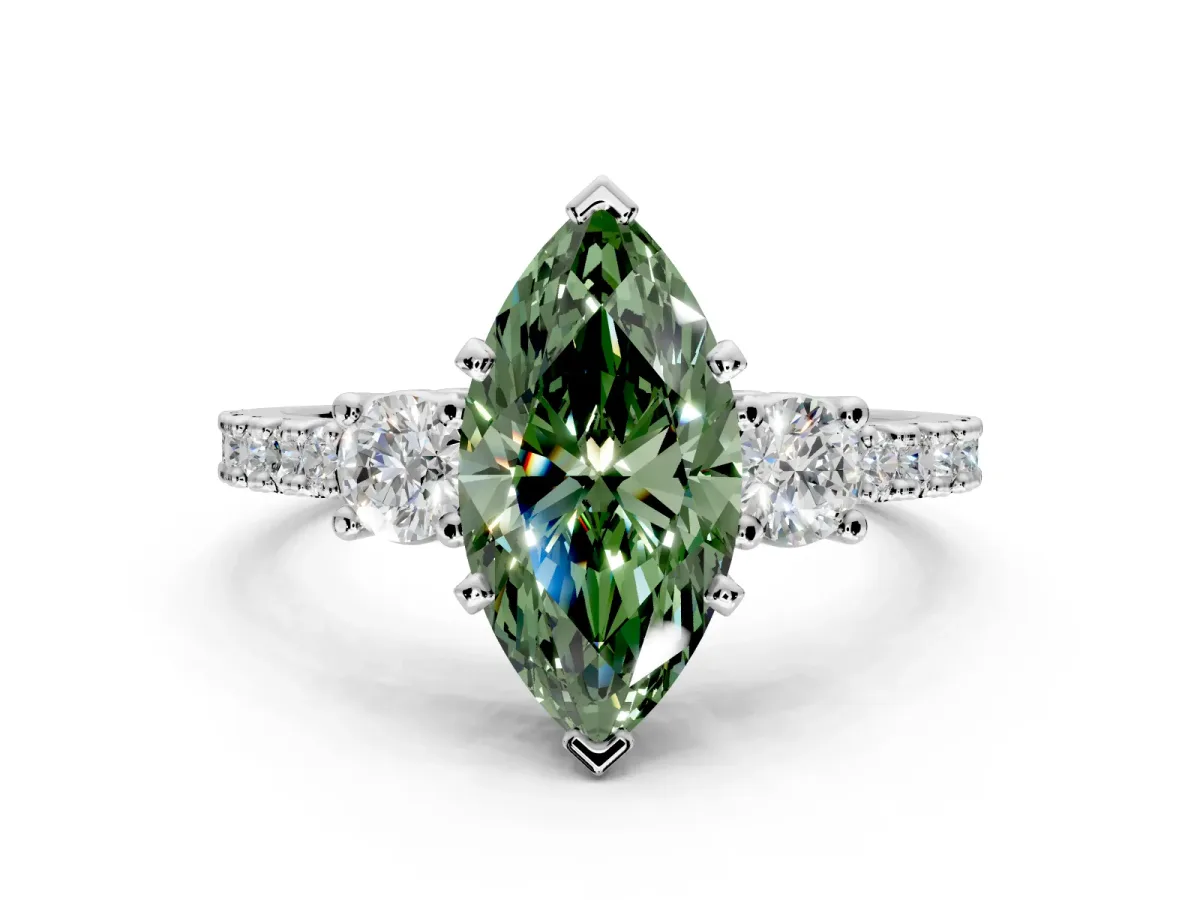 3 Stone Engagement Ring Setting for Fancy Green Marquise Center with Round Cut Side Accents and Prong Head in Sterling Silver