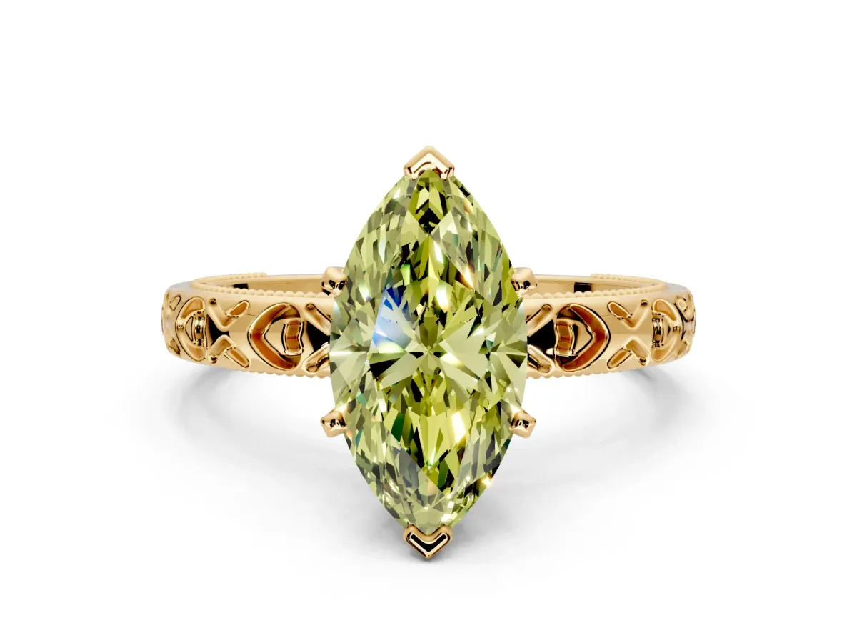 Solitaire Engagement Ring Setting for Fancy Yellow Marquise Center with XO Engraved Band and Prong Head in Yellow Gold