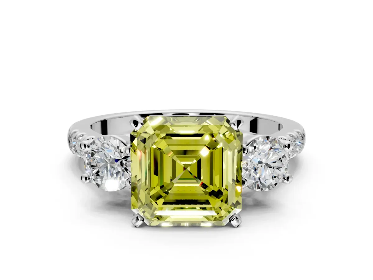 3 Stone Engagement Ring Setting for Fancy Yellow Asscher Cut Center with Crossover Basket, Pave Band and Prong Head in Platinum