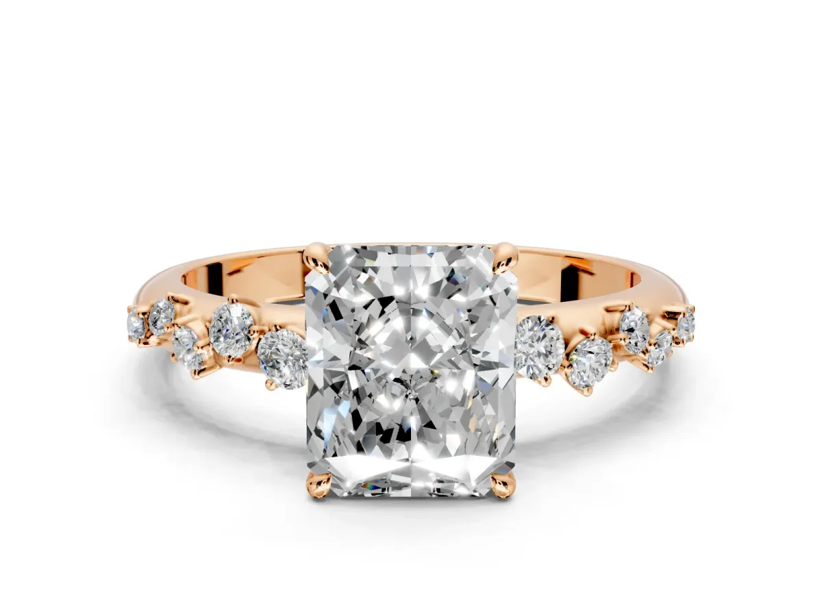 Cluster Engagement Ring Setting for Radiant Cut Center with Round Cut Accent Band and Prong Head in Rose Gold