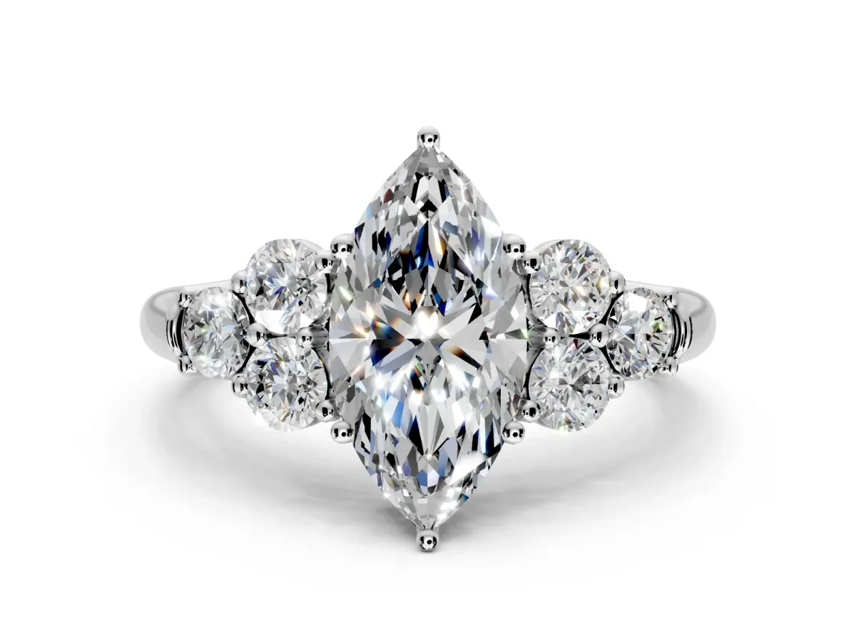 Cluster Engagement Ring Setting for Marquise Center with Round Cut Accent Frame and Prong Head in Sterling Silver