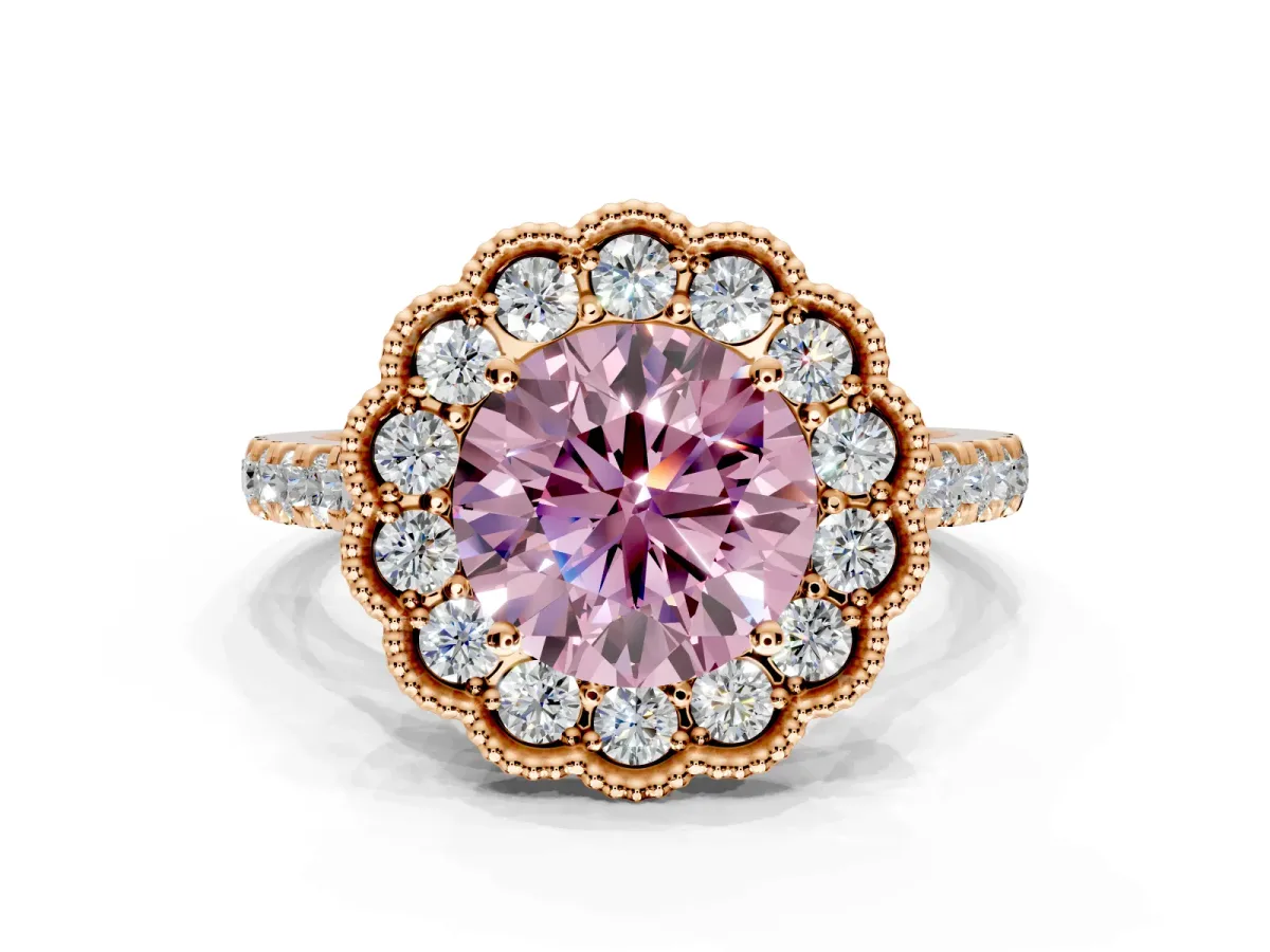 Milgrain Floral Halo Engagement Ring Setting for Fancy Pink Round Cut Center with Pave Band and Prong Head in Rose Gold