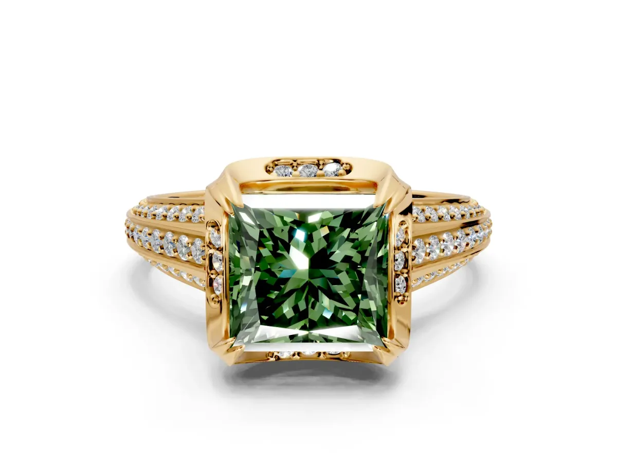 Solitaire Engagement Ring Setting for Fancy Green Princess Cut Center with Accented Split Shank and Prong Head in Yellow Gold