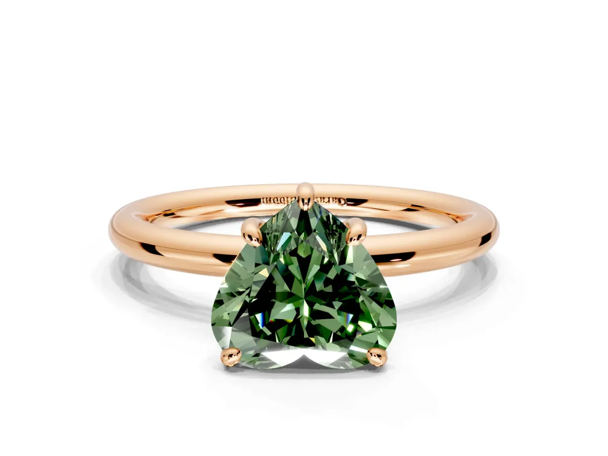Low-Set Solitaire Engagement Ring Setting for Fancy Green Heart-Shaped Center with Thin Plain Band and Prong Head in Rose Gold