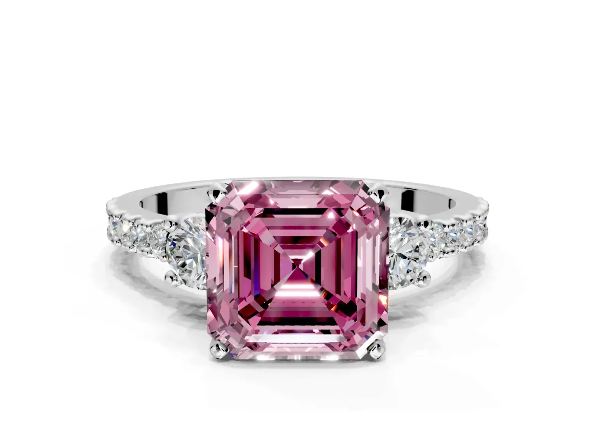 3 Stone Engagement Ring Setting for Fancy Pink Asscher Cut Center with Round Cut Side Accents and Prong Head in Platinum