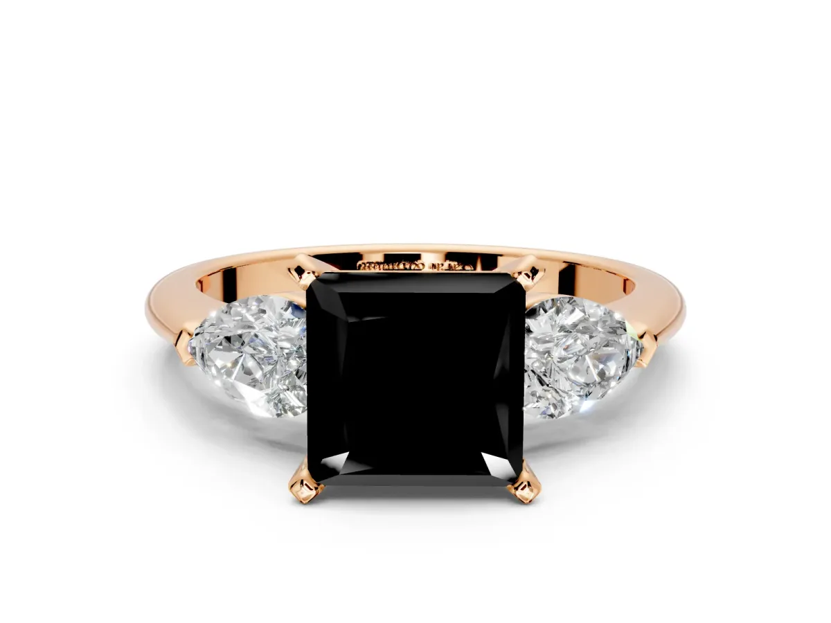 3 Stone Engagement Ring Setting for Fancy Black Princess Cut Center with Large Pear-Shaped Accents and Prong Head in Rose Gold