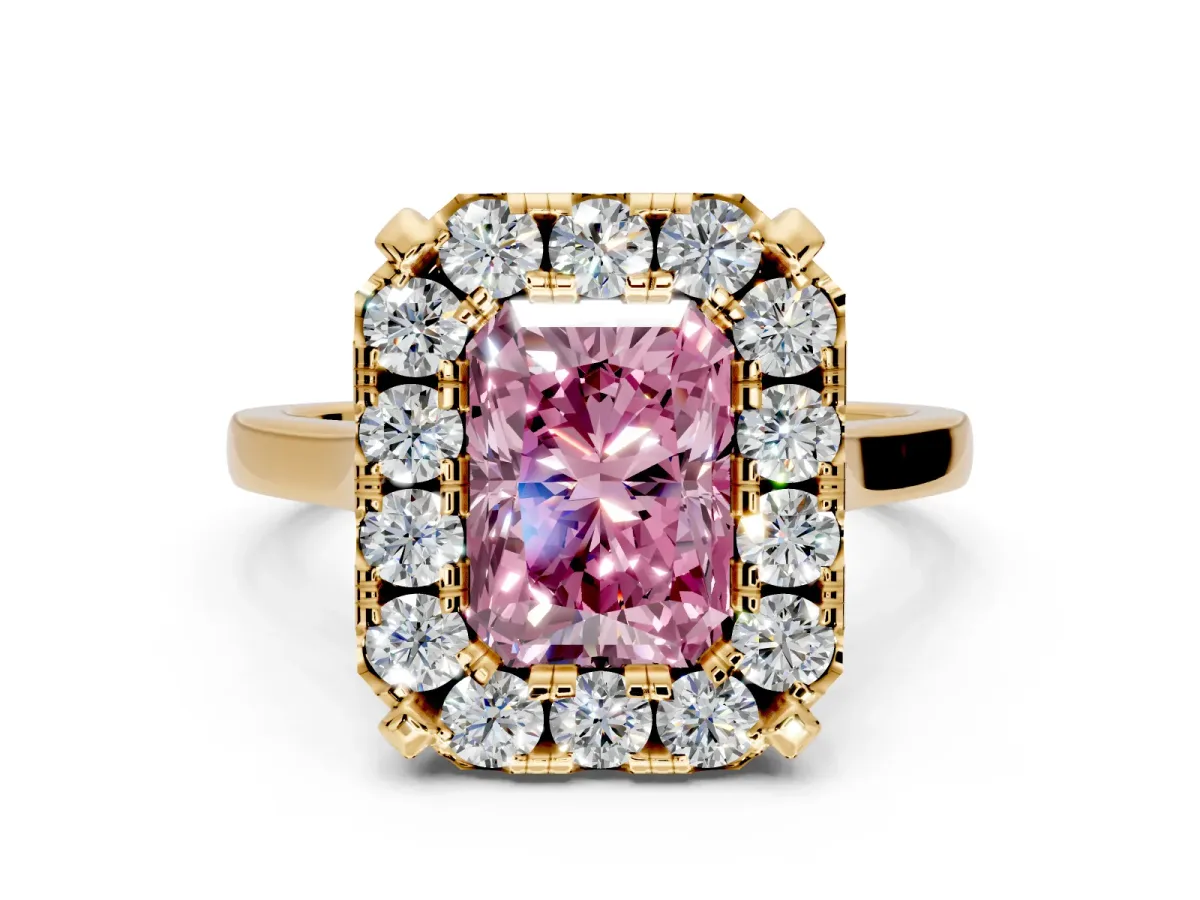 Single Halo Engagement Ring Setting for Fancy Pink Radiant Cut Center with Corner Claws, Plain Band and Prong Head in Yellow Gold