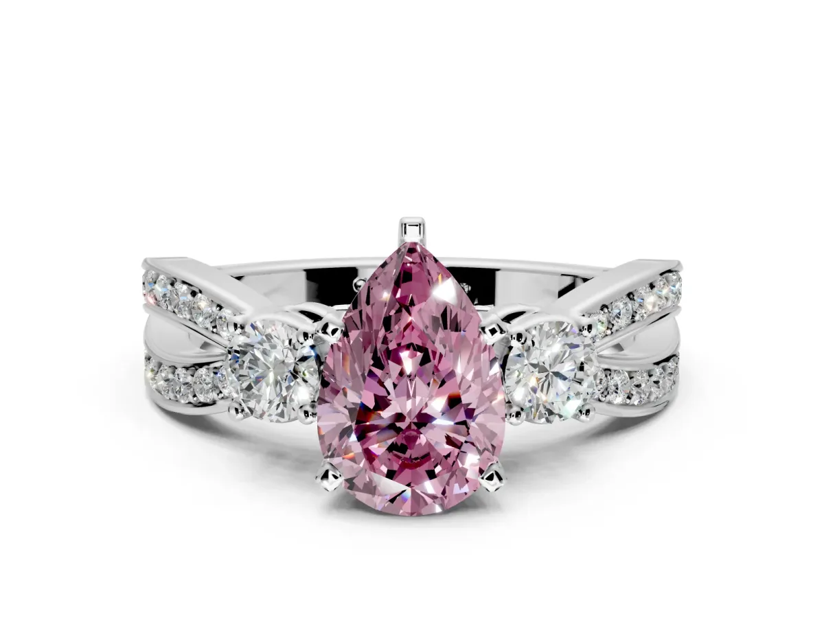 3 Stone Engagement Ring Setting for Fancy Pink Pear-Shaped Center with Pave Twist Band and Prong Head in Platinum