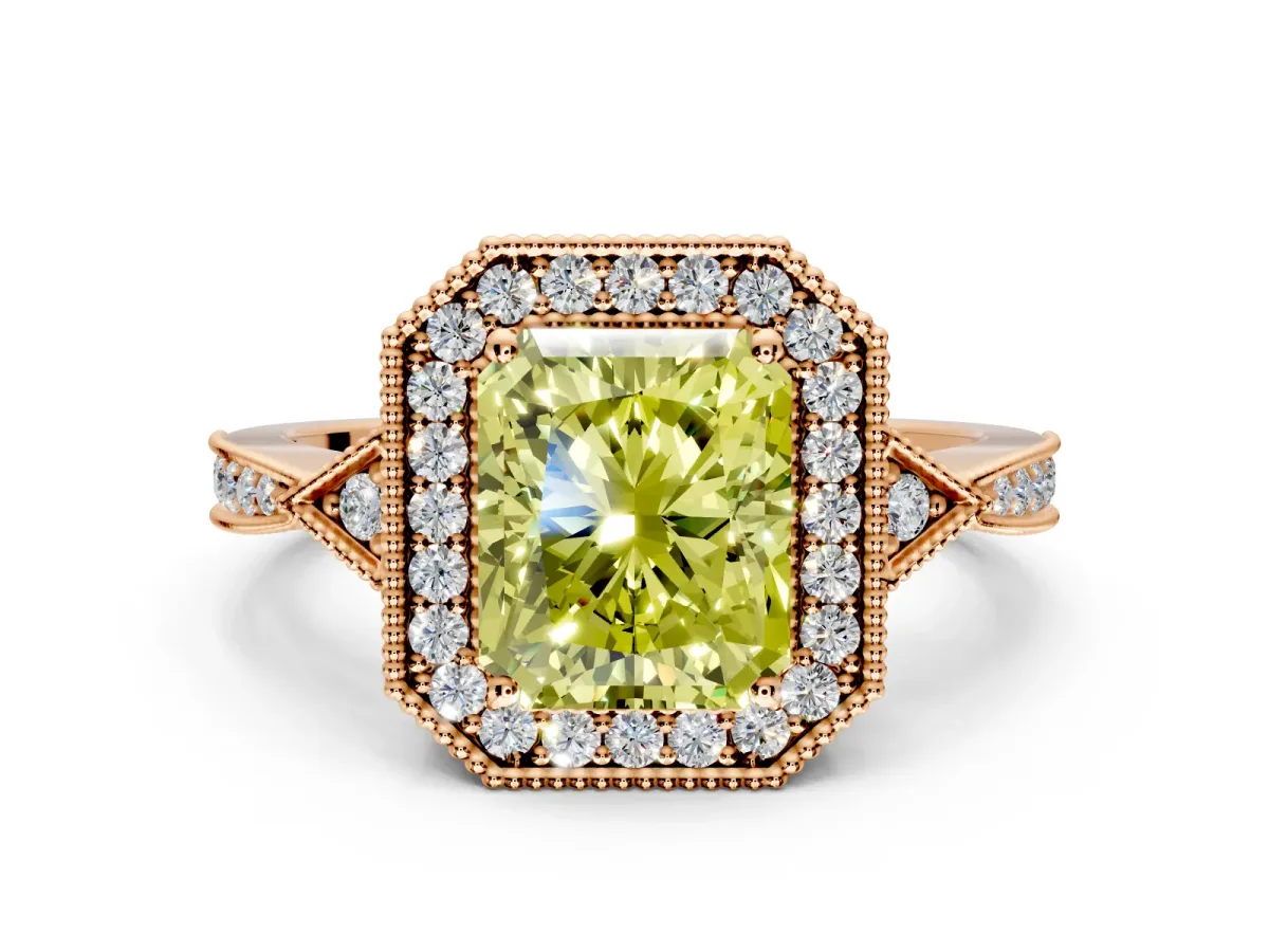 Halo Engagement Ring Setting for Fancy Yellow Radiant Cut Center with Milgrain Rim, Pave Band and Prong Head in Rose Gold