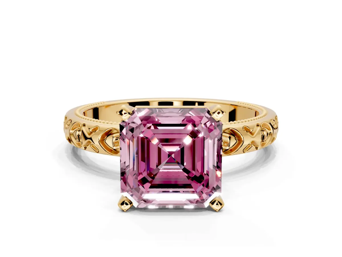 Solitaire Engagement Ring Setting for Fancy Pink Asscher Cut Center with XO Engraved Band and Prong Head in Yellow Gold