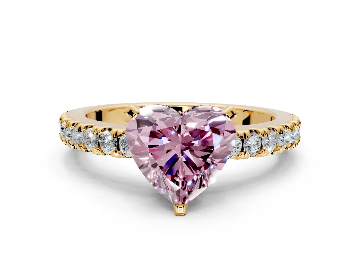 Solitaire Engagement Ring Setting for Fancy Pink Heart-Shaped Center with Single Row Accent Band and Prong Head in Yellow Gold