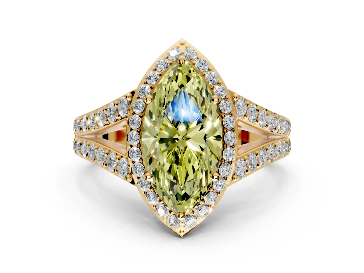 Halo Engagement Ring Setting for Fancy Yellow Marquise Center with Narrow Pave Split Shank and Prong Head in Yellow Gold