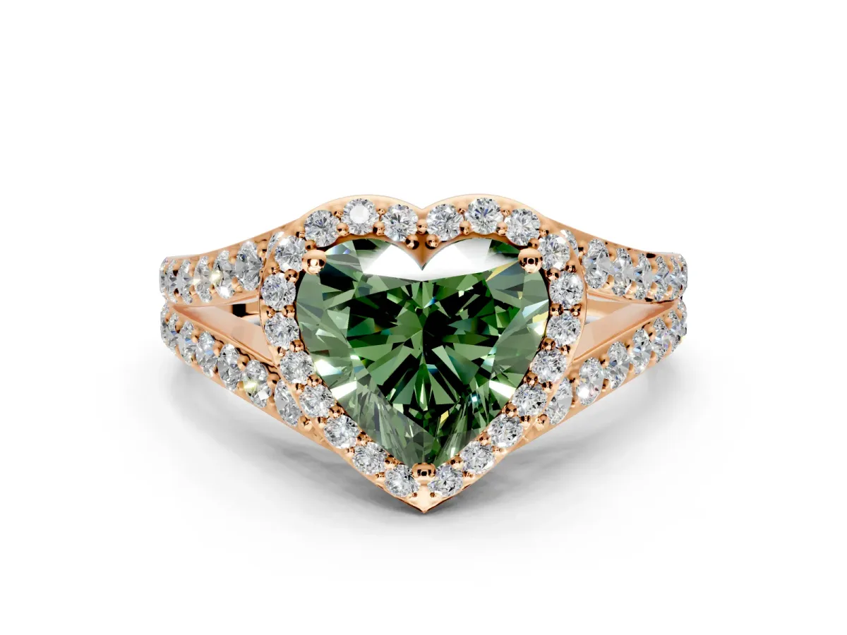 Halo Engagement Ring Setting for Fancy Green Heart-Shaped Center with Narrow Pave Split Shank and Prong Head in Rose Gold