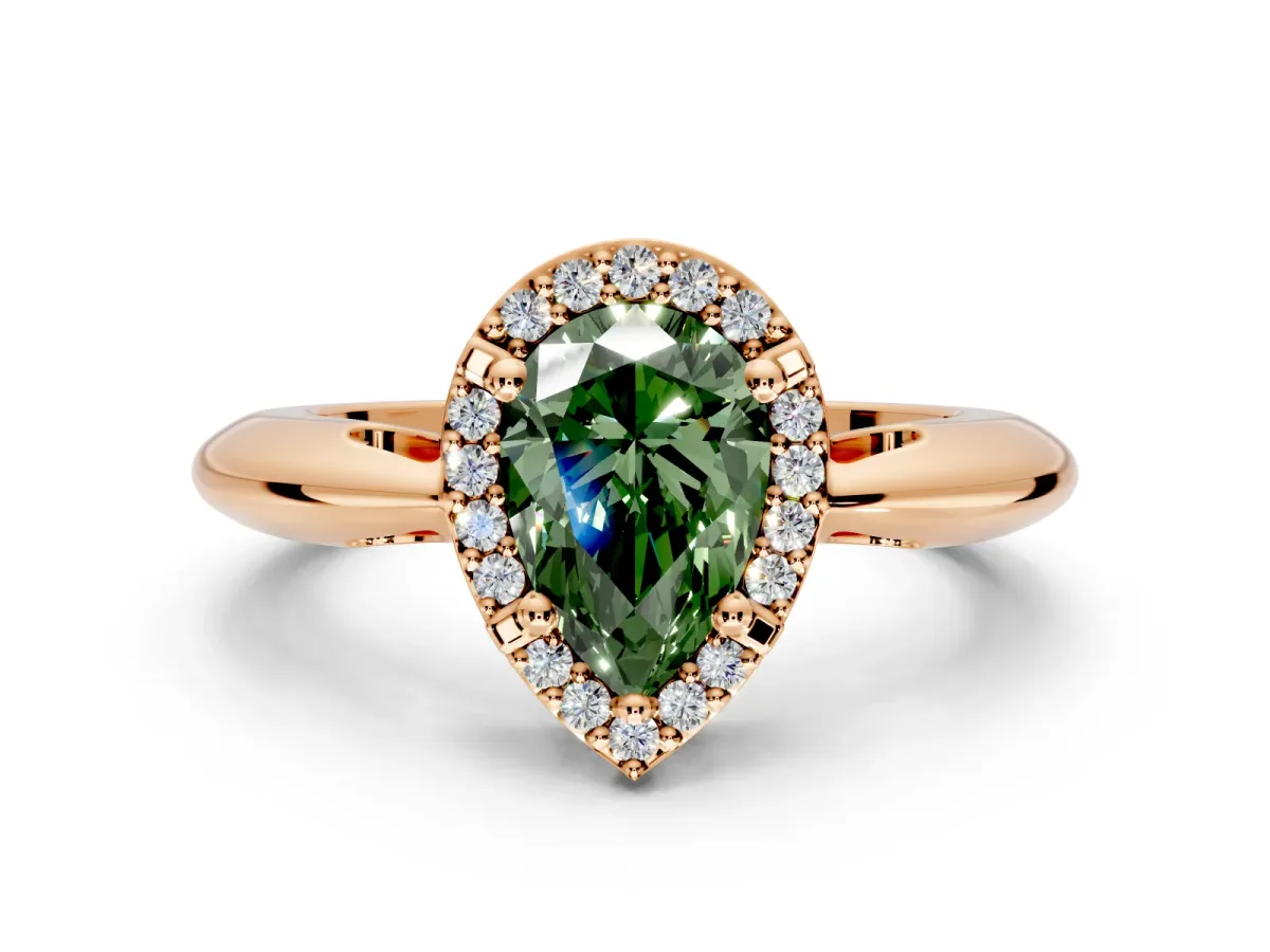 Halo Engagement Ring Setting for Fancy Green Pear-Shaped Center with Tapered Plain Band and Prong Head in Rose Gold