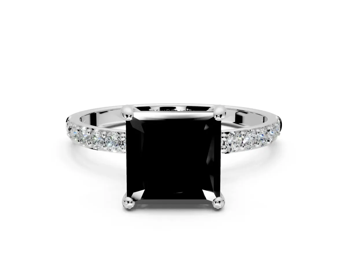 Solitaire Engagement Ring Setting for Fancy Black Princess Cut Center with Pave Accents and Prong Head in Sterling Silver