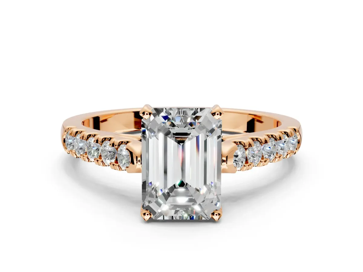Solitaire Engagement Ring Setting for Emerald Cut Center with Partway Pave Band and Prong Head in Rose Gold