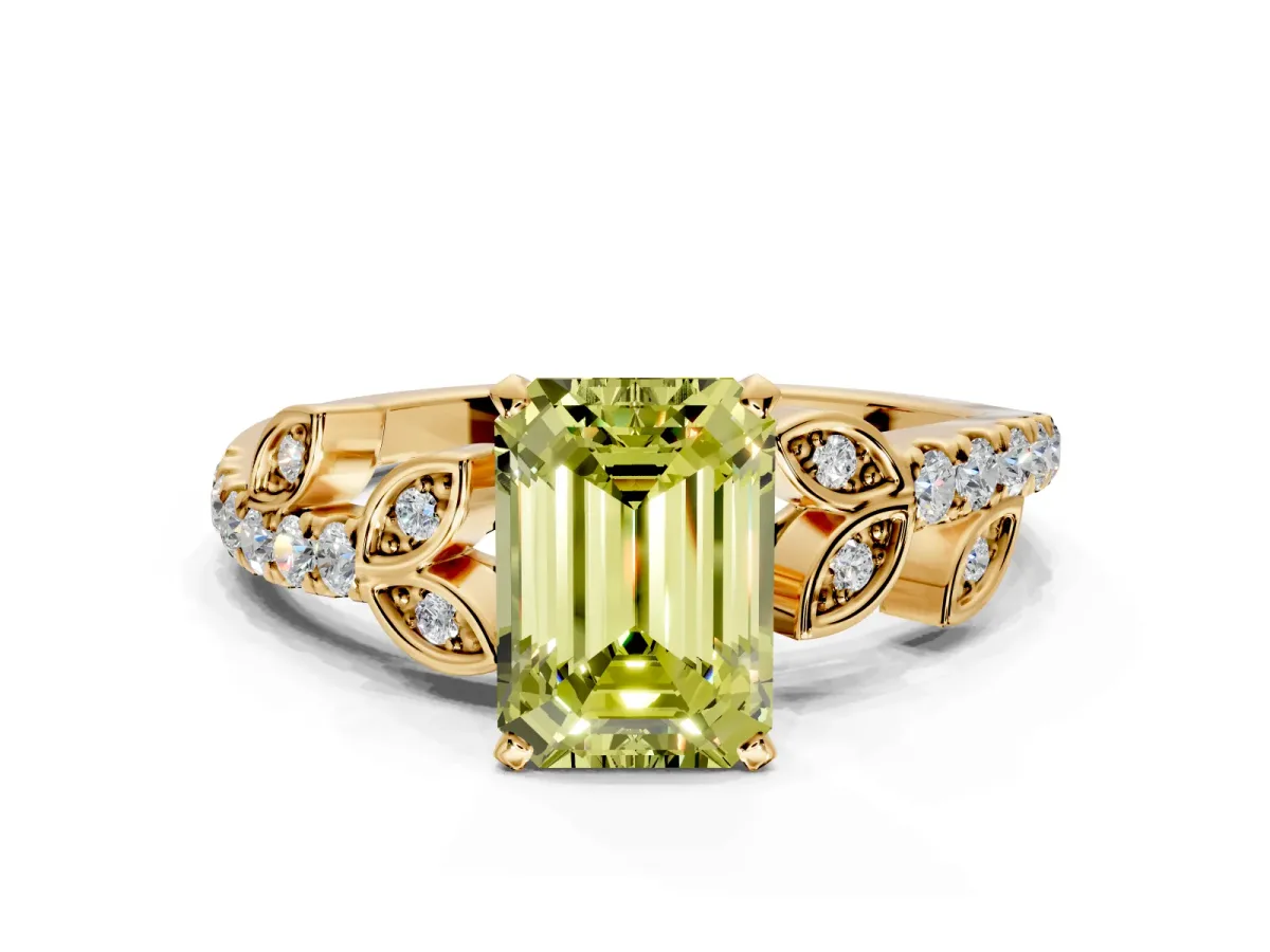 Leaf Motif Engagement Ring Setting for Fancy Yellow Emerald Cut Center with Pave Band and Prong Head in Yellow Gold
