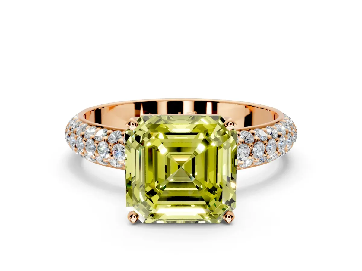 Solitaire Engagement Ring Setting for Fancy Yellow Asscher Cut Center with Domed Multi-Row Pave Band and Prong Head in Rose Gold