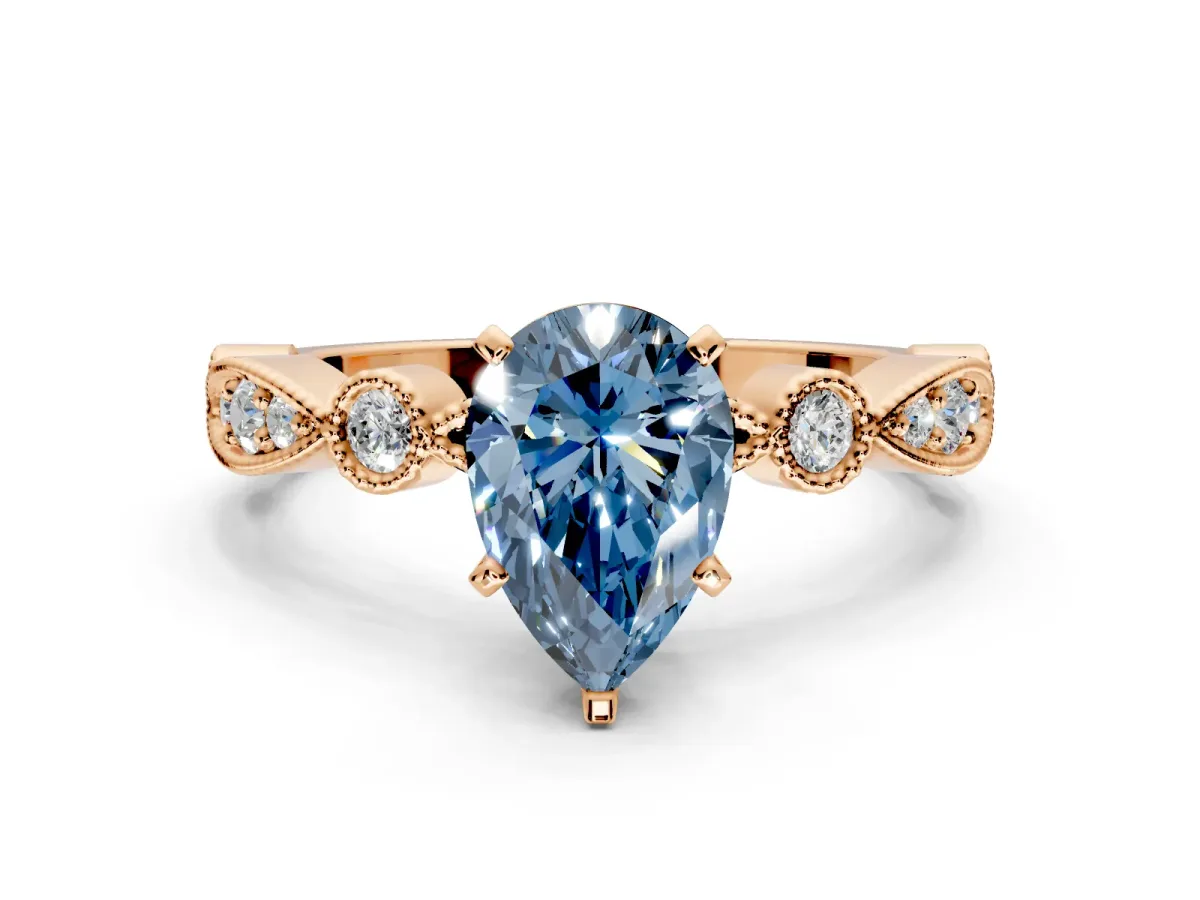 Solitaire Engagement Ring Setting for Fancy Blue Pear-Shaped Center with Milgrain Bezel Accents and Prong Head in Rose Gold