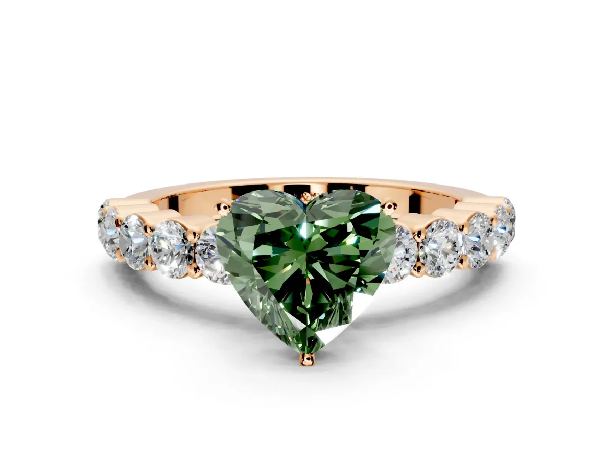 Shared-Prong Engagement Ring Setting for Fancy Green Heart-Shaped Center with Graduated Accents and Prong Head in Rose Gold