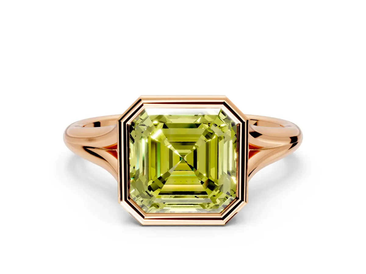 Solitaire Engagement Ring Setting for Fancy Yellow Asscher Cut Center with V Split Shank and Bezel Head in Rose Gold
