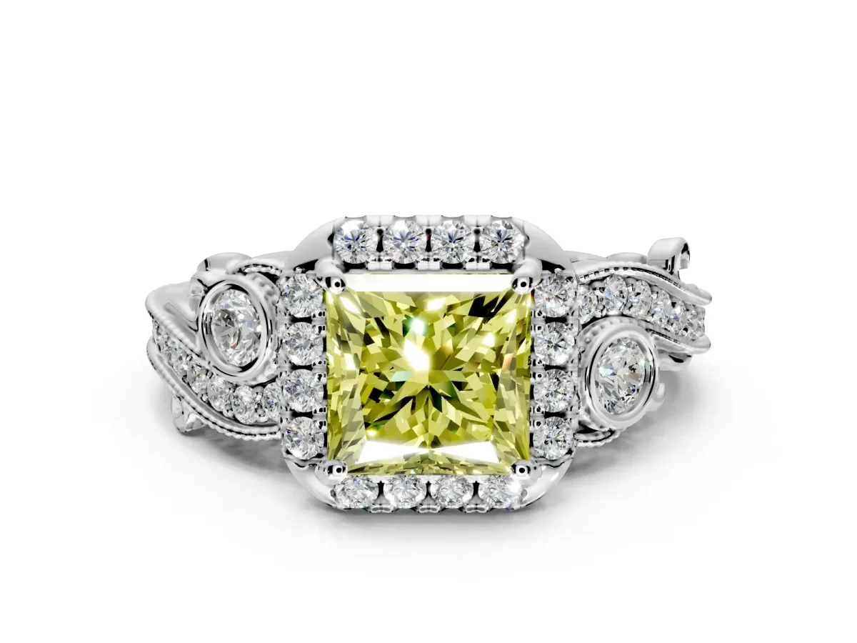 Bypass Halo Engagement Ring Setting for Fancy Yellow Princess Cut Center with Bezel Accents, Milgrain and Prong Head in Platinum