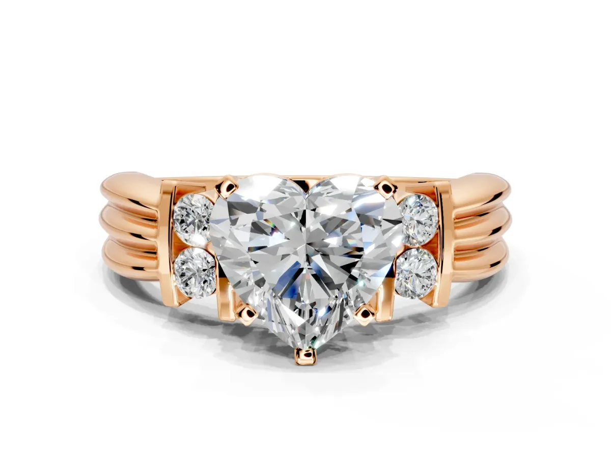 Solitaire Engagement Ring Setting for Heart-Shaped Center with Grooved Bar Accent Band and Prong Head in Rose Gold