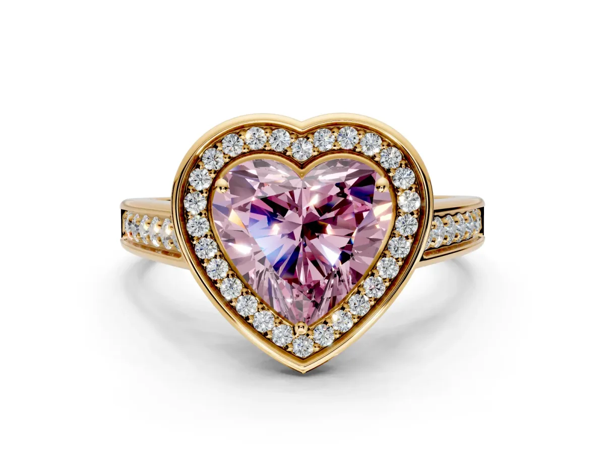Halo Engagement Ring Setting for Fancy Pink Heart-Shaped Center with Outer Bezel Rim, Pave Band and Prong Head in Yellow Gold