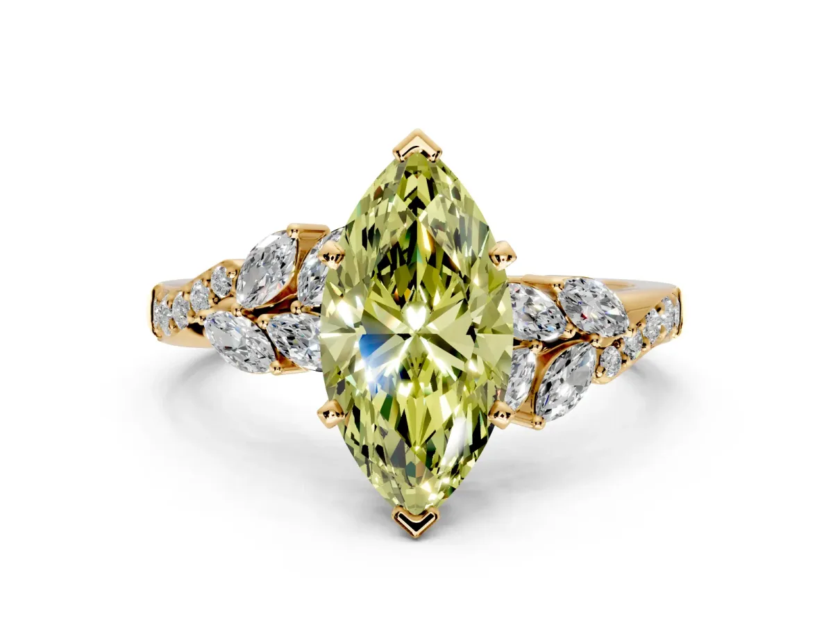 Solitaire Engagement Ring Setting for Fancy Yellow Marquise Center with Marquise Accent Twist Band and Prong Head in Yellow Gold
