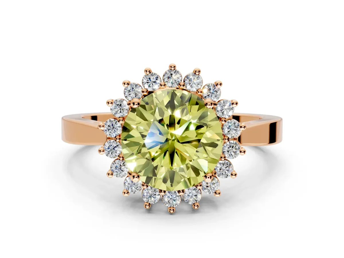 Starburst Halo Engagement Ring Setting for Fancy Yellow Round Cut Center with Flat Cathedral Band and Prong Head in Rose Gold