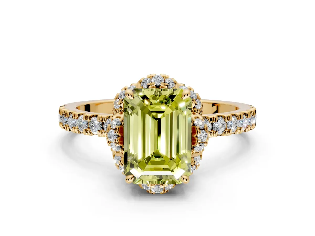 Halo Engagement Ring Setting for Fancy Yellow Emerald Cut Center with Openwork Halo, Pave Band and Prong Head in Yellow Gold