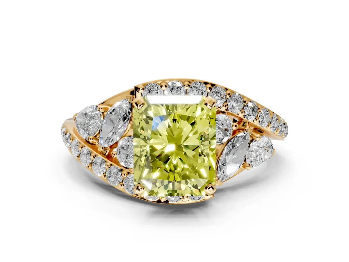 Halo Engagement Ring Setting for Fancy Yellow Radiant Cut Center with Marquise and Pave Bypass Band and Prong Head in Yellow Gold