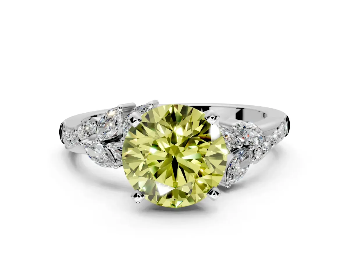Solitaire Engagement Ring Setting for Fancy Yellow Round Cut Center with Marquise Accent Twist Band and Prong Head in Platinum