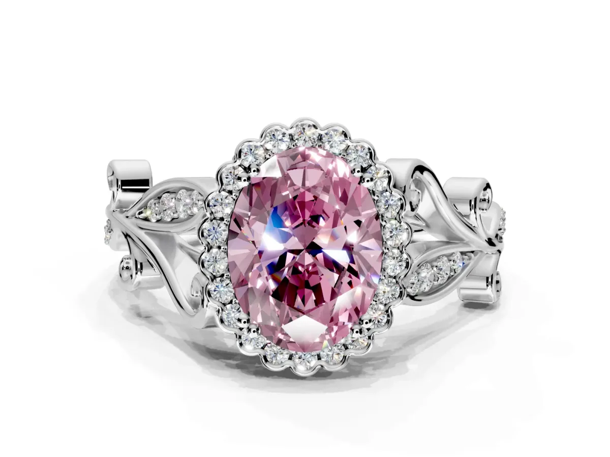 Halo Engagement Ring Setting for Fancy Pink Oval Center with Leaf Motif Split Shank and Prong Head in Sterling Silver
