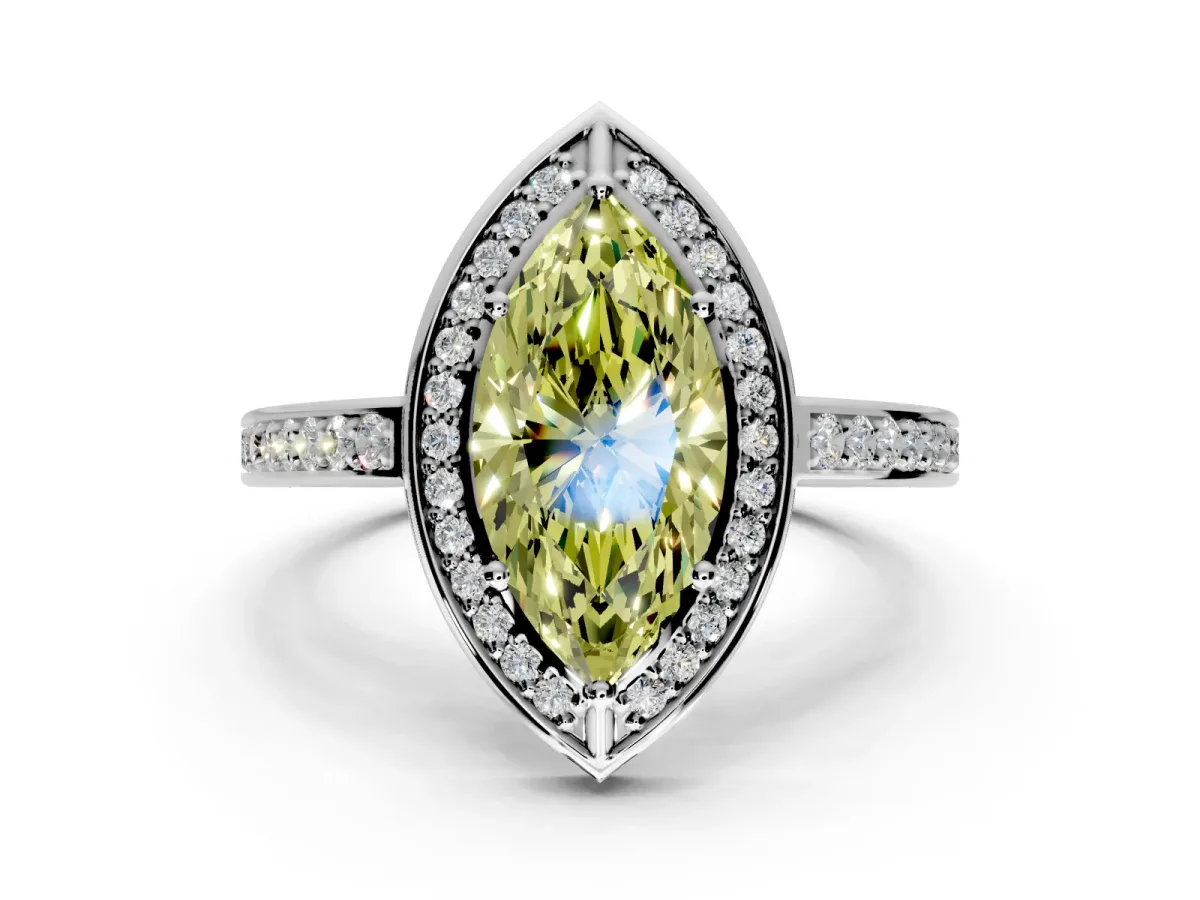 Halo Engagement Ring Setting for Fancy Yellow Marquise Center with Framed Halo, Pave Band and Prong Head in Platinum