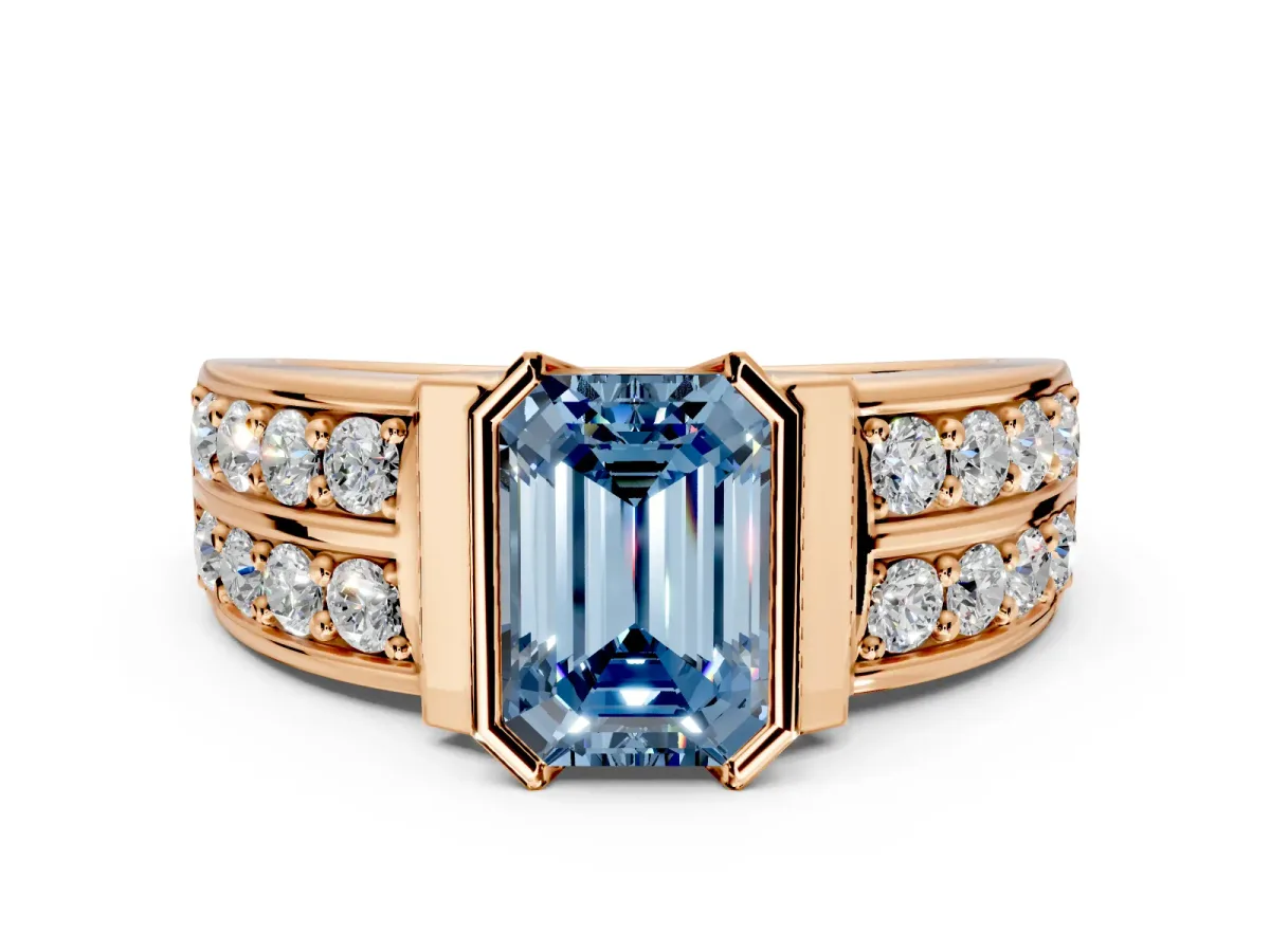 Bezel Engagement Ring Setting for Fancy Blue Emerald Cut Center with Wide Channel-Set Band and Bezel Head in Rose Gold