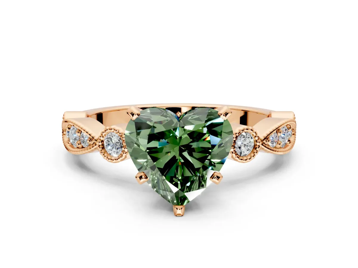 Solitaire Engagement Ring Setting for Fancy Green Heart-Shaped Center with Milgrain Bezel Accents and Prong Head in Rose Gold