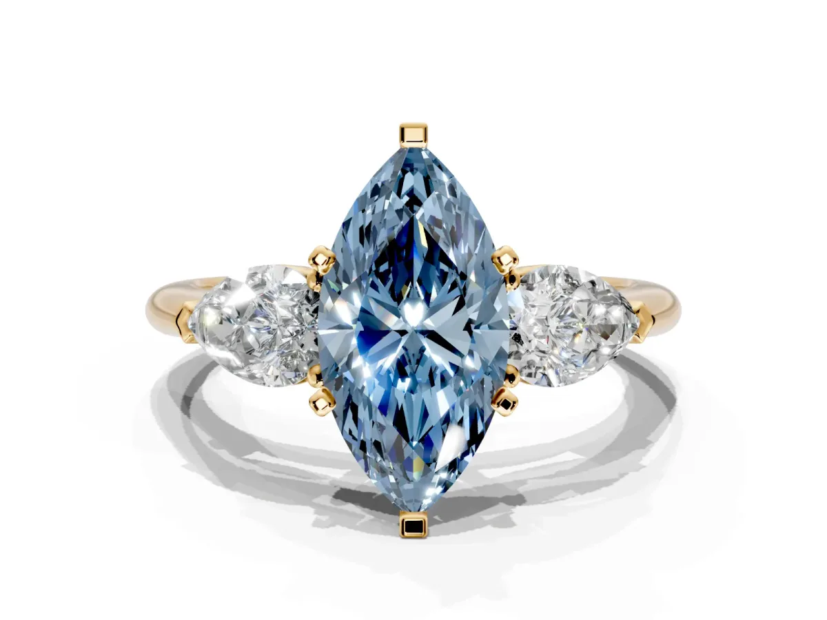 3 Stone Engagement Ring Setting for Fancy Blue Marquise Center with Large Pear-Shaped Accents and Prong Head in Yellow Gold