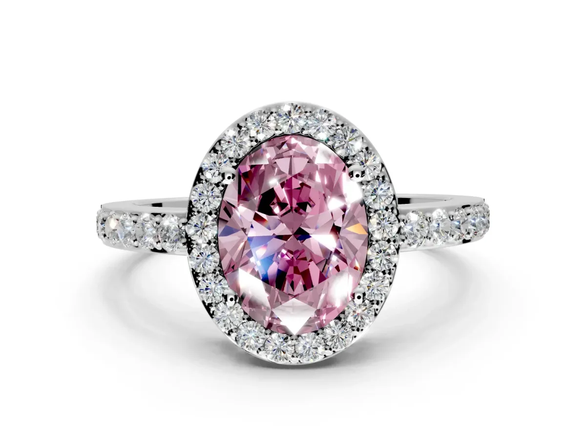 Halo Engagement Ring Setting for Fancy Pink Oval Center with Heart-Shaped Openwork, Pave Band and Prong Head in Platinum