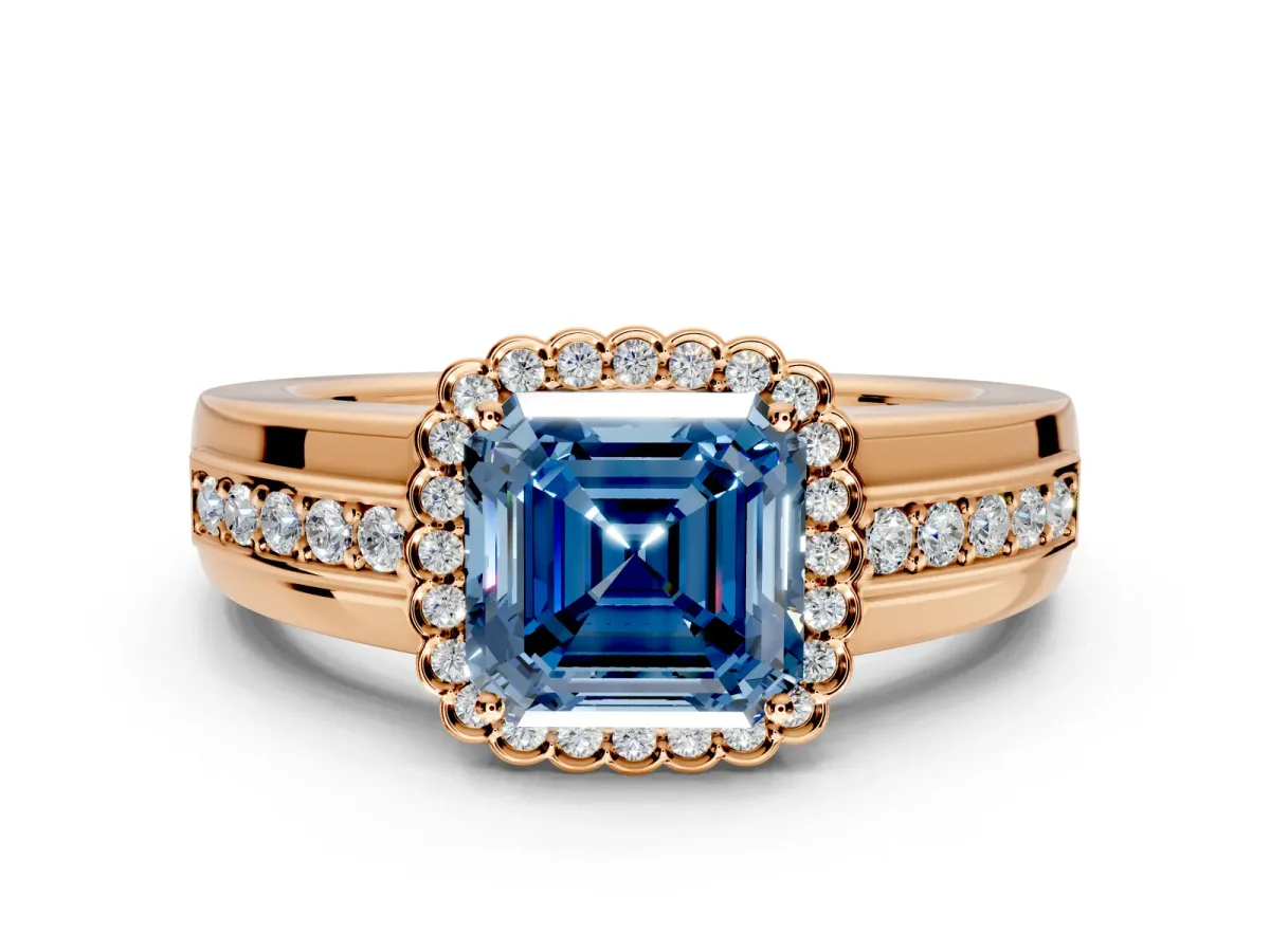 Halo Engagement Ring Setting for Fancy Blue Asscher Cut Center with Wide Band, Inlaid Accent Row and Prong Head in Rose Gold