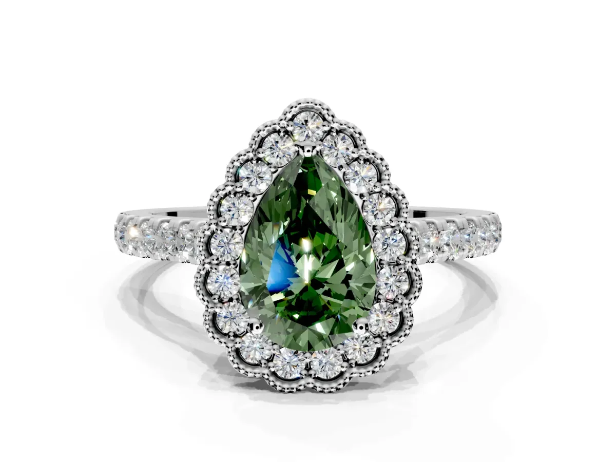 Milgrain Floral Halo Engagement Ring Setting for Fancy Green Pear-Shaped Center with Pave Band and Prong Head in Platinum