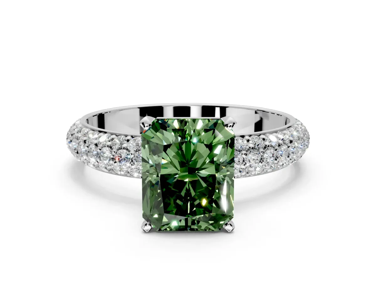 Solitaire Engagement Ring Setting for Fancy Green Radiant Cut Center with Domed Multi-Row Pave Band and Prong Head in Platinum
