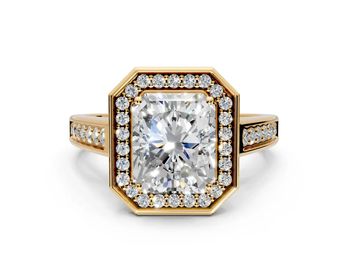 Halo Engagement Ring Setting for Emerald Cut Center with Outer Bezel Rim, Pave Band and Prong Head in Yellow Gold