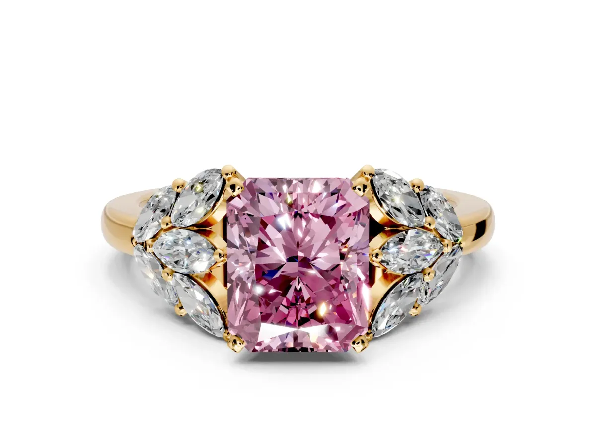 Leaf Cluster Engagement Ring Setting for Fancy Pink Radiant Cut Center with Marquise Accents and Prong Head in Yellow Gold