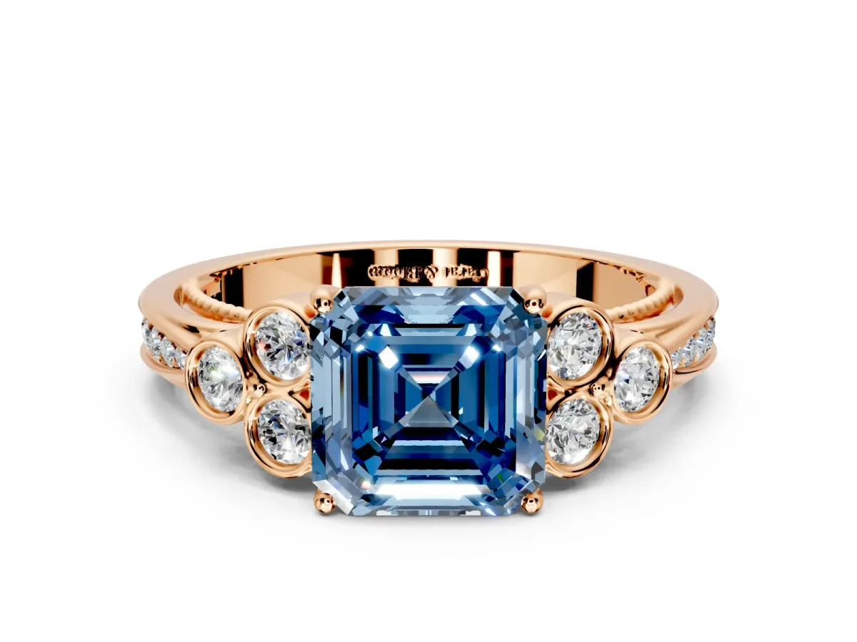 Cluster Engagement Ring Setting for Fancy Blue Asscher Cut Center with Bezel Accent Clusters and Prong Head in Rose Gold