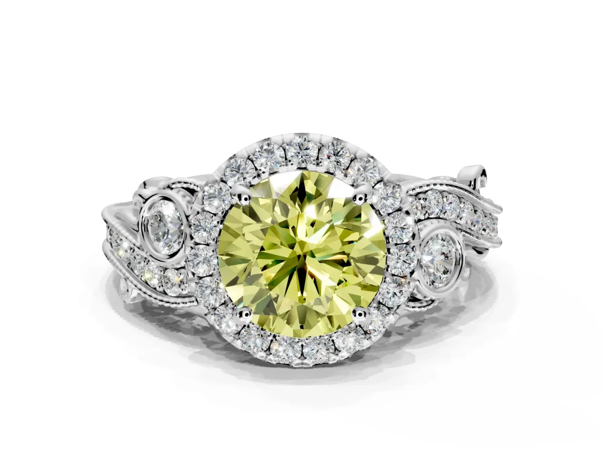 Milgrain Halo Engagement Ring Setting for Fancy Yellow Round Cut Center with Shoulder Bezels and Prong Head in White Gold