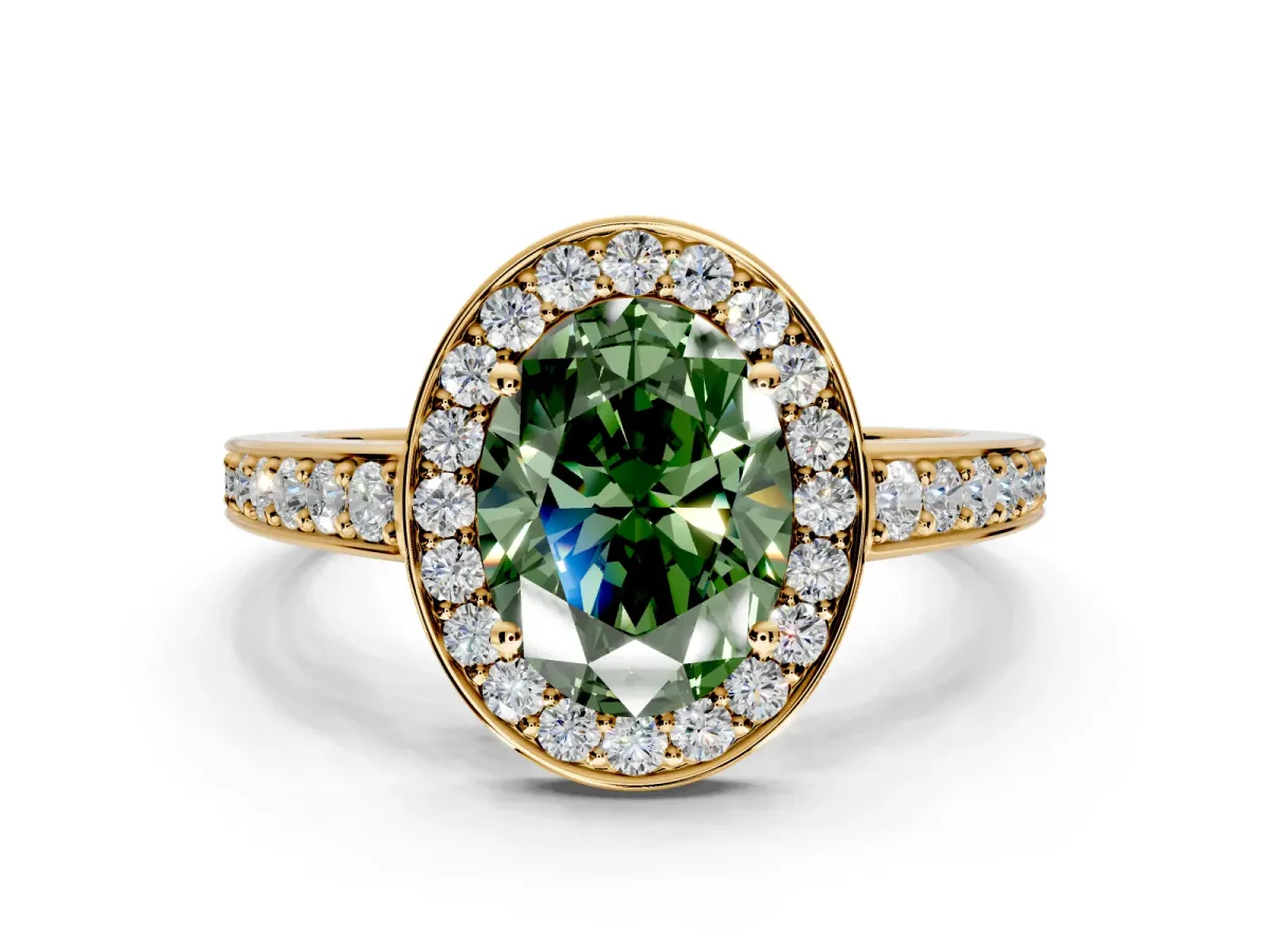 Bezel-Framed Halo Engagement Ring Setting for Fancy Green Oval Center with Pave Band and Prong Head in Yellow Gold