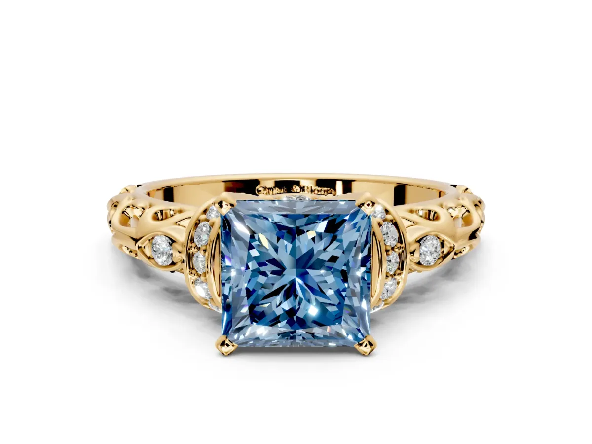 Solitaire Engagement Ring Setting for Fancy Blue Princess Cut Center with Filigree Band and Prong Head in Yellow Gold